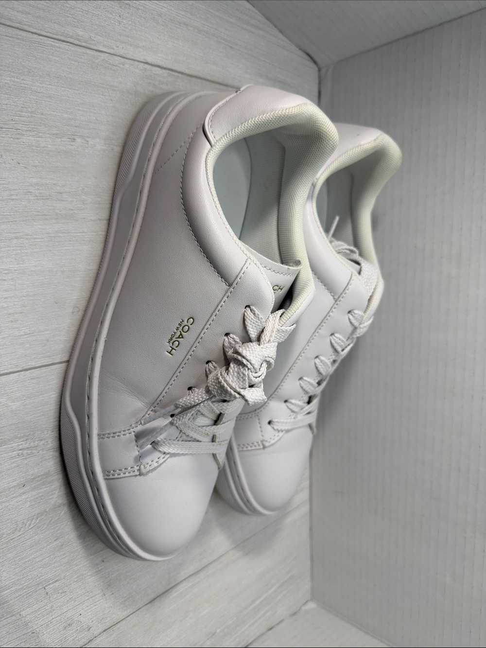 Coach White Leather Lace-Up Sneakers with Gold Accent - Picture 5 of 14